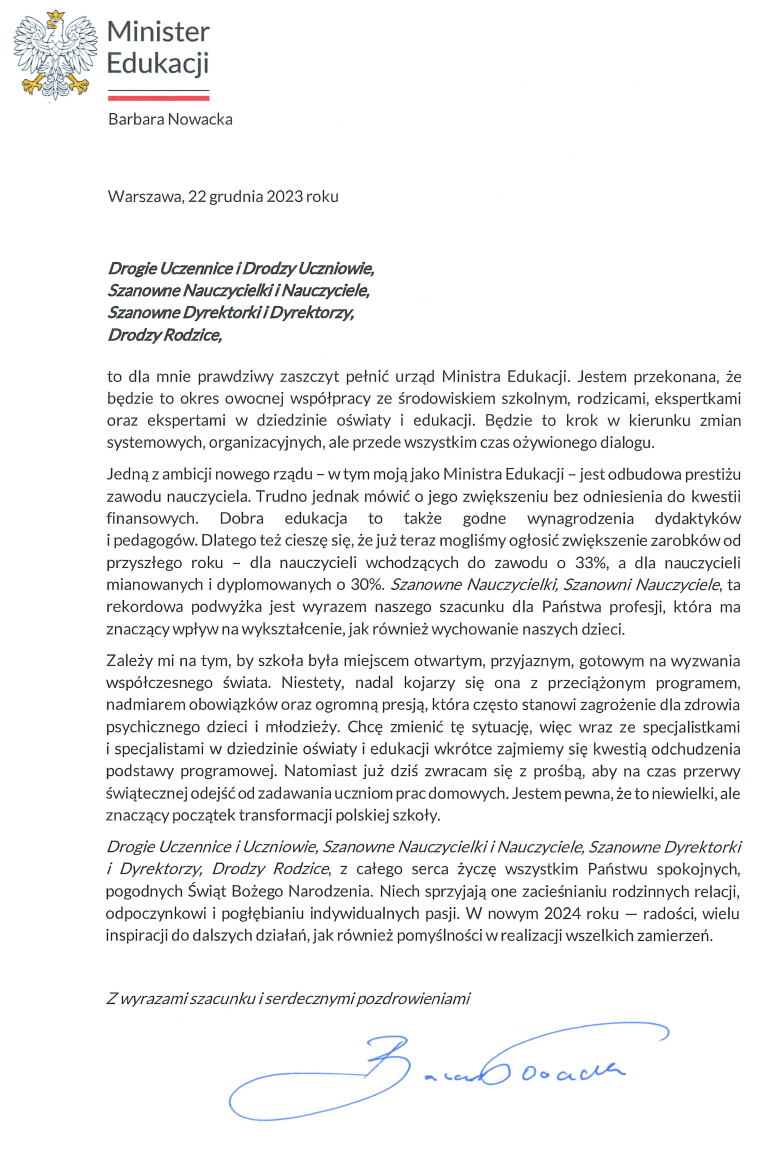 List Ministra Edukacji Barbary Nowackiej